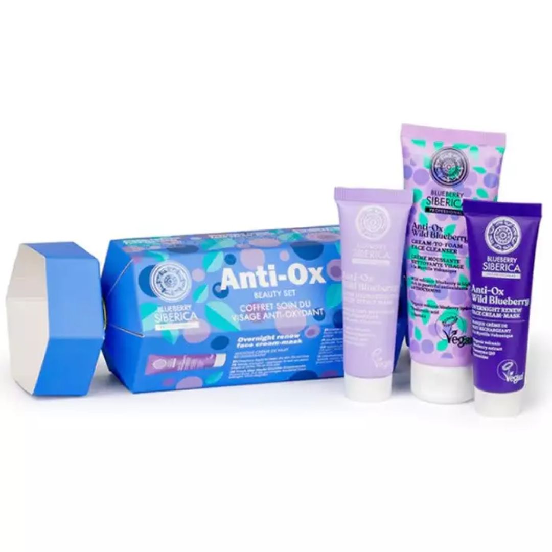 anti ox blueberry beauty set with cream to foam face cleanser, 75ml, super hydrating eye patch effect mask, 30ml & overnight face cream mask, 30ml, 1set
